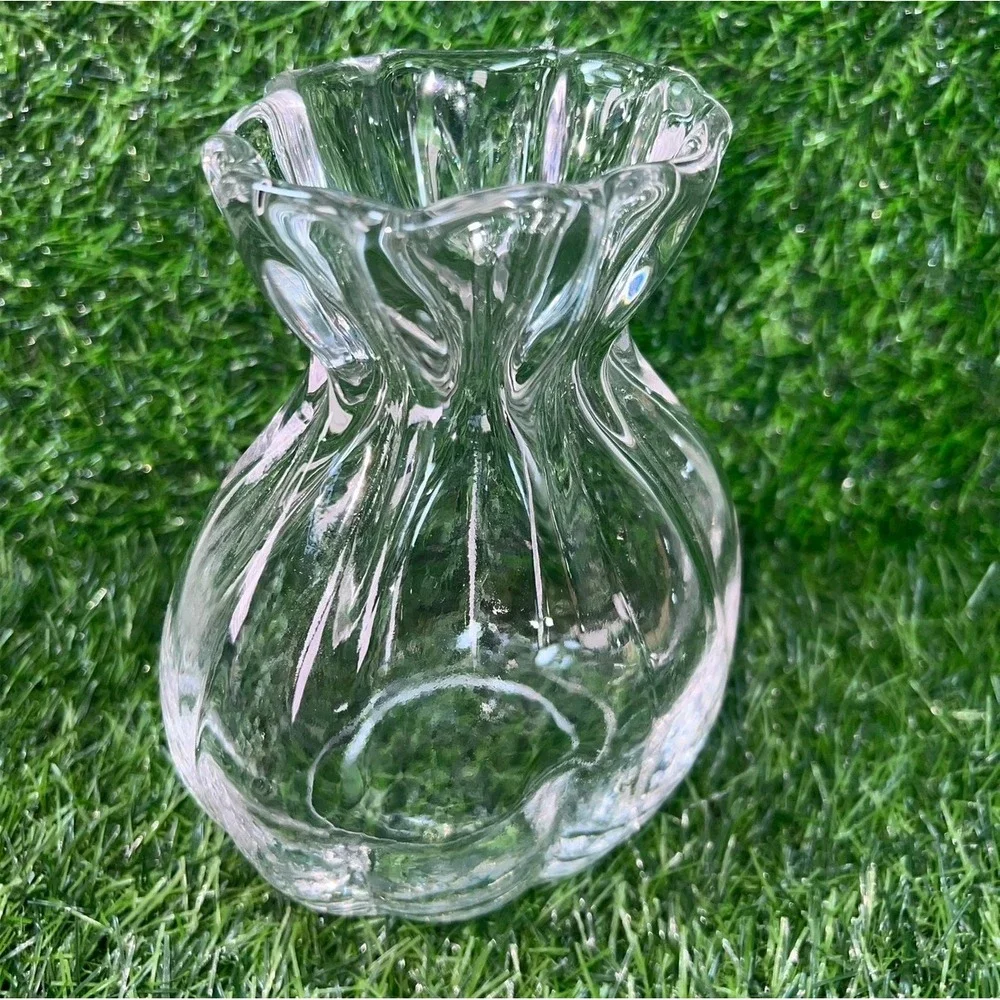 Clear Glass Drawstring Bag Pouch Vase Ruffled Rim Ribbed Texture 7in